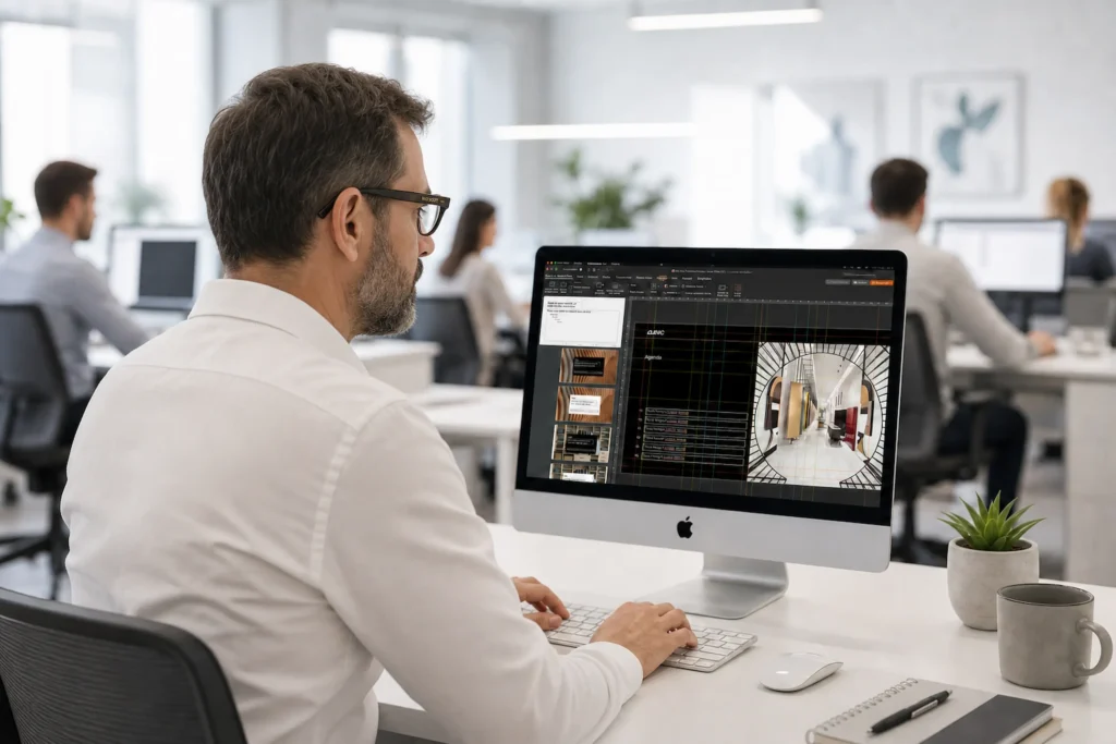 Hombre trabajando en el Diseño de Plantillas en PowerPoint